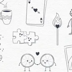 Tiernos dibujos de amor: tazas humeantes, pareja de rompecabezas, cerilla encendida, pareja de palitos, naranjas enamoradas y manos formando un corazón.