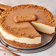 Ein cremiger Lotus Cheesecake mit Karamellglasur und Keksbröseln, dekoriert mit einem Lotus-Keks.
