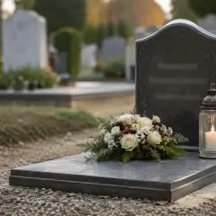 Wieniec z białych róż i iglastych gałązek, symbolizujący styl dekoracyjny we florystyce, spoczywa na płycie nagrobnej obok płonącej świecy.