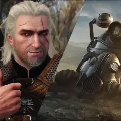Geralt z Rivii i hełm z gry Fallout. Dwa światy, wiele niezapomnianych cytatów z gier.
