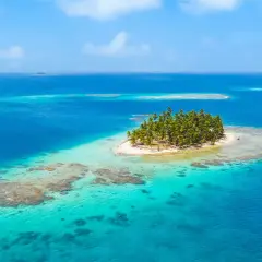 Una pequeña isla con palmeras, como la **isla bermeja**, emerge de aguas turquesas y azules, rodeada de arrecifes.