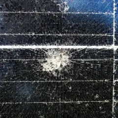 Uszkodzony panel fotowoltaiczny, pęknięte szkło. Rozważana jest utylizacja paneli fotowoltaicznych.