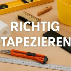 Werkzeug zum Tapezieren: Tapetenrolle, Wasserwaage, Bürsten, Eimer, Cuttermesser und Lineal. So gelingt das Tapezieren richtig.
