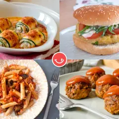 Un plato del buen comer para niños: rollitos de calabacín, hamburguesa, pasta con verduras y albóndigas.