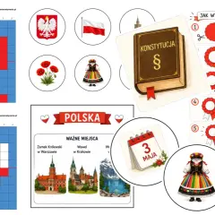 Grafika przedstawia elementy związane z Polską: kodowanie symboli narodowych, konstytucję, kokardę narodową, ważne miejsca, zwierzęta i stroje ludowe.