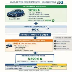 Calcul d'indemnisation pour une voiture épave : valeur vénale, franchise, rachat et remboursement de l'assurance.