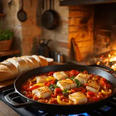 Bacalao ajoarriero en sartén, con pimientos y pan rústico, junto a una chimenea encendida.