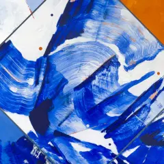 Vibrant contemporary abstract art with bold blue brushstrokes on white, accented by orange and light blue shapes.