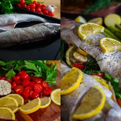 Här förbereds hel regnbåge i ugn med citron, tomater, vitlök och dill. Snart redo att bakas!