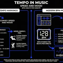 Infographie sur le tempo en musique. Le terme "largo musique" est mentionné, décrivant un tempo lent et large, influençant l'ambiance.