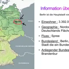 Karte Deutschlands mit markiertem Berlin. Text erklärt, dass Berlin ein Bundesland ist, die Hauptstadt und von Brandenburg umgeben.
