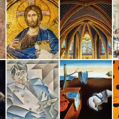 A collage of art styles, from cave paintings to modern installations, asks: when did contemporary art start?