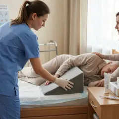 Opiekun medyczny ile trwa nauka? Dwie kobiety pomagają starszemu mężczyźnie w łóżku, poprawiając jego pozycję.