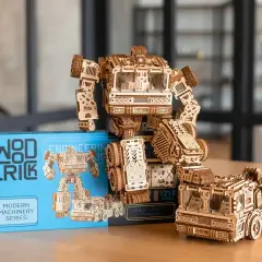 Drewniana układanka przestrzenna: robot i ciężarówka z serii Modern Machinery.