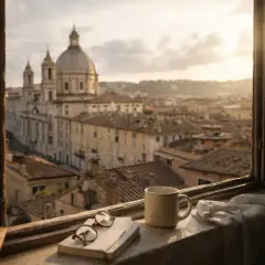 Un caffè e un libro sul davanzale, con la vista di Roma 24h che si svela al tramonto.