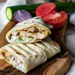 Pyszny kebab w tortilli z kurczakiem, warzywami i sosem, podany na desce z pomidorem i ogórkiem.