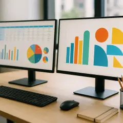 Bureau avec deux écrans affichant des graphiques. Un ordinateur avec Windows VM en ligne pour analyser les données.