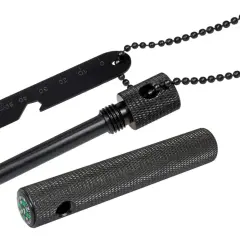 Kit para hacer fuego con pedernal, incluye varilla, rascador con medidas y brújula.