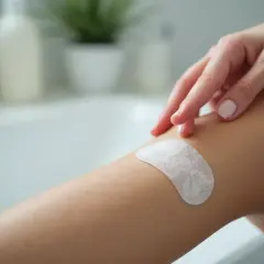 Dłoń dotyka plastra na kolanie. To dyskretne plastry itami, które pomagają w regeneracji skóry.