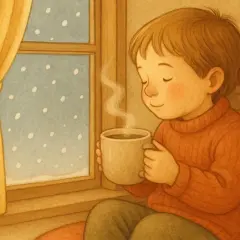 En pojke njuter av en varm choklad vid fönstret medan snön faller.