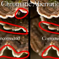 Side-by-side comparison showing chromatic aberration in the "Uncorrected" image, with colored fringes around edges, versus the "Corrected" image.