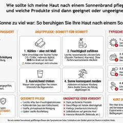 Was kann man gegen Sonnenbrand machen? Kühlen, Feuchtigkeit zuführen, viel trinken und Sonne meiden. Leichte Pflege ist wichtig.