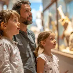Un père et ses deux filles émerveillés devant des squelettes d'animaux, une belle journée pour visiter Paris avec des enfants.