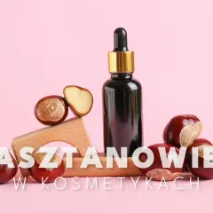 Naturalne piękno z ekstraktem z kasztanowca. Butelka serum i kasztany na różowym tle.