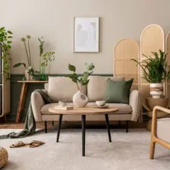 Przytulny salon w odcieniach beżu. Sofa, fotel i dywan tworzą ciepłą atmosferę. Wnętrze zdobią rośliny i rattanowe meble.