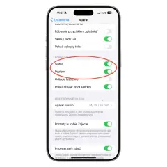 Jak włączyć kratki w aparacie iPhone: w ustawieniach aparatu, w sekcji Kompozycja, przełącz suwak "Siatka" na zielony.
