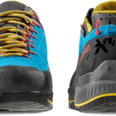 Buty La Sportiva TX4 Evo w kolorze niebieskim z żółtymi sznurówkami i czerwonymi akcentami. Idealne na górskie wyprawy.