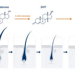 La testosterona se convierte en DHT por la 5-alfa reductasa, afectando el folículo piloso y el crecimiento del pelo.