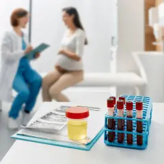 Badanie moczu w ciąży: obecność leukocytów może wskazywać na infekcję. Na stole próbka moczu, wyniki badań i probówki z krwią.