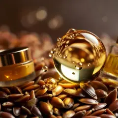 Olio di lino a cosa serve? Un flacone e un vasetto di lussuosi prodotti a base di olio di lino, circondati da semi di lino dorati.
