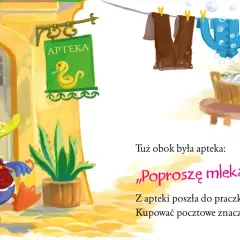 Kaczka Dziwaczka w aptece, obok praczka. Jelonki patrzą, jak praczka pierze.