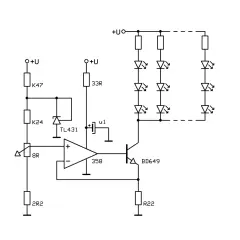 Schemat ściemniacza LED 12V z TL431, wzmacniaczem operacyjnym 358 i tranzystorem BD649.
