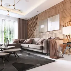 Nowoczesny salon z sofą i stolikami kawowymi. Ściana z drewna w geometryczne wzory to stara boazeria w nowej odsłonie.