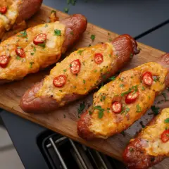Gerichte mit grober Bratwurst, überbacken mit Käse und garniert mit Chili und Petersilie, liegen auf einem Holzbrett.