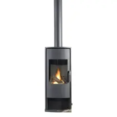 Poêle à gaz sans conduit au design moderne, avec une cheminée verticale et des flammes réelles.