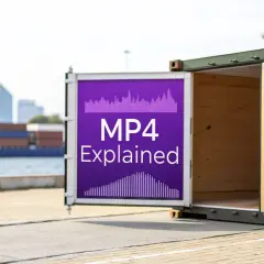 An open shipping container displays "MP4 Explained" on a purple panel, with a cargo ship in the background.