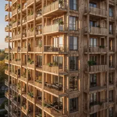 Ein modernes Holzhochhaus mit vielen Balkonen, das eine Vision für nachhaltiges wohnen in der zukunft darstellt.