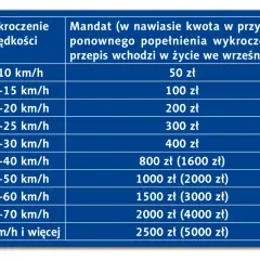 Tabela pokazuje mandaty za przekroczenie prędkości. Im wyższa prędkość, tym wyższe punkty karne i kwota mandatu.