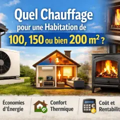 Quel chauffage pour une maison de 100m2 ? Image montrant une pompe à chaleur, une coupe de maison avec chauffage, et un poêle à bois.