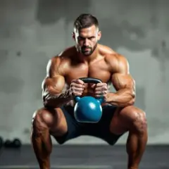 Un homme musclé effectue un goblet squat avec une kettlebell bleue.