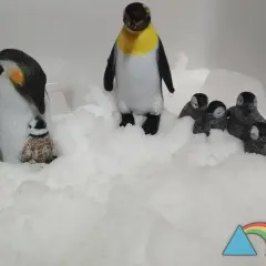 Figuras de pingüinos en la nieve, una familia reunida. Parece que llega el invierno y se preparan para el frío.