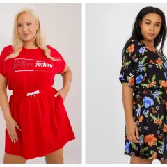Dwie kobiety prezentują modne sukienki letnie duże rozmiary: jedna w czerwonej, z napisem "Love Fashion", druga w czarnej, w kwiatowy wzór.
