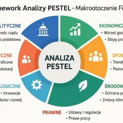 Schemat analizy PESTEL: czynniki polityczne, ekonomiczne, społeczne, technologiczne, środowiskowe i prawne.