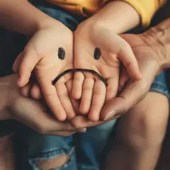 Dziecięce dłonie z namalowaną smutną buźką, otoczone dłońmi dorosłych, symbolizują zaburzone relacje w rodzinie i poczucie smutku.