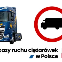 Niebieska ciężarówka DAF obok znaku zakazu ruchu dla tirów. Informacja o zakazy tir w Polsce.