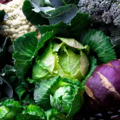 En korg fylld med färska grönsaker: vitkål nyttigt, broccoli, blomkål och kålrot.